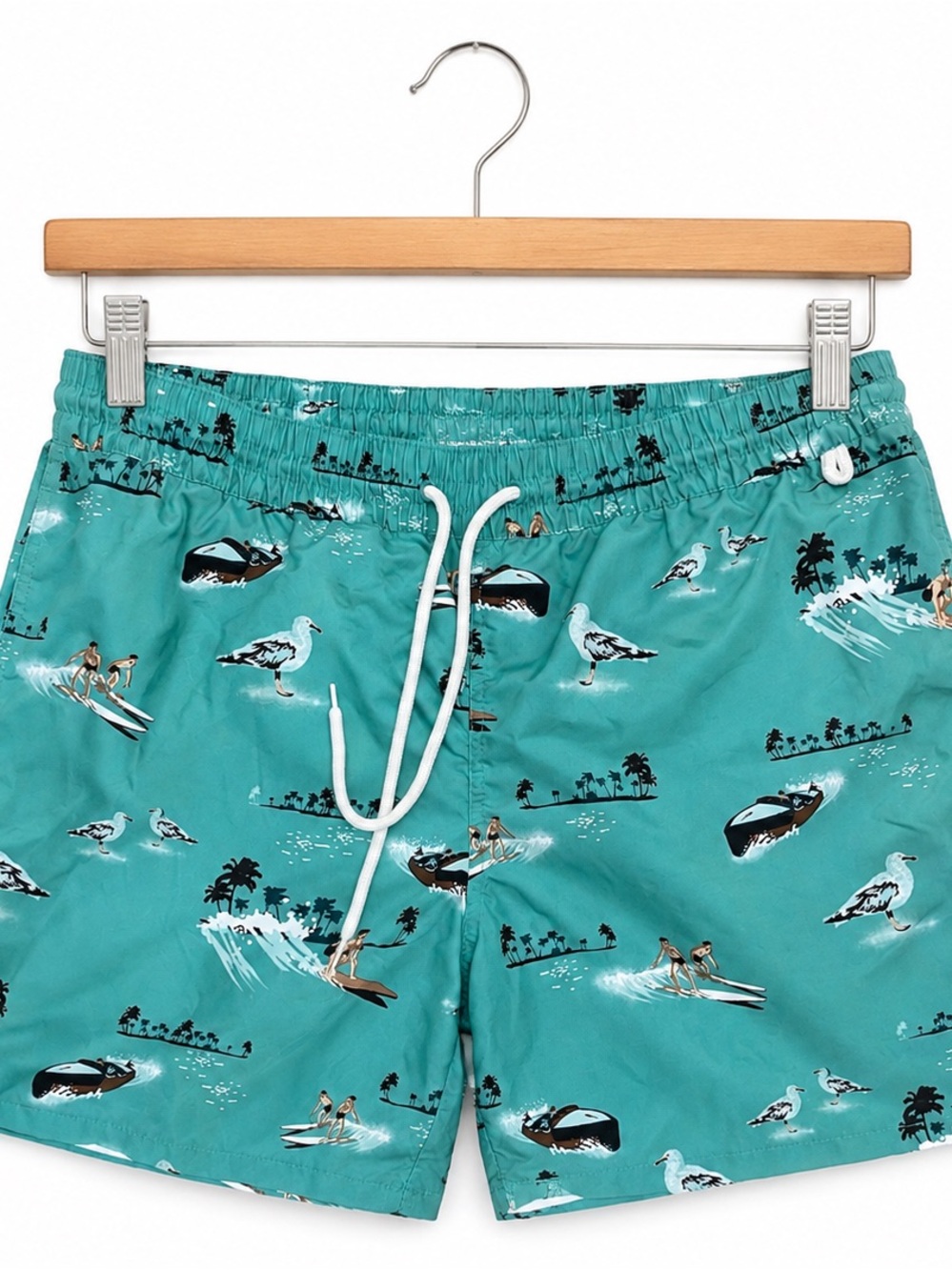 Merona Teal Surf & Seagull Print Swim Trunks